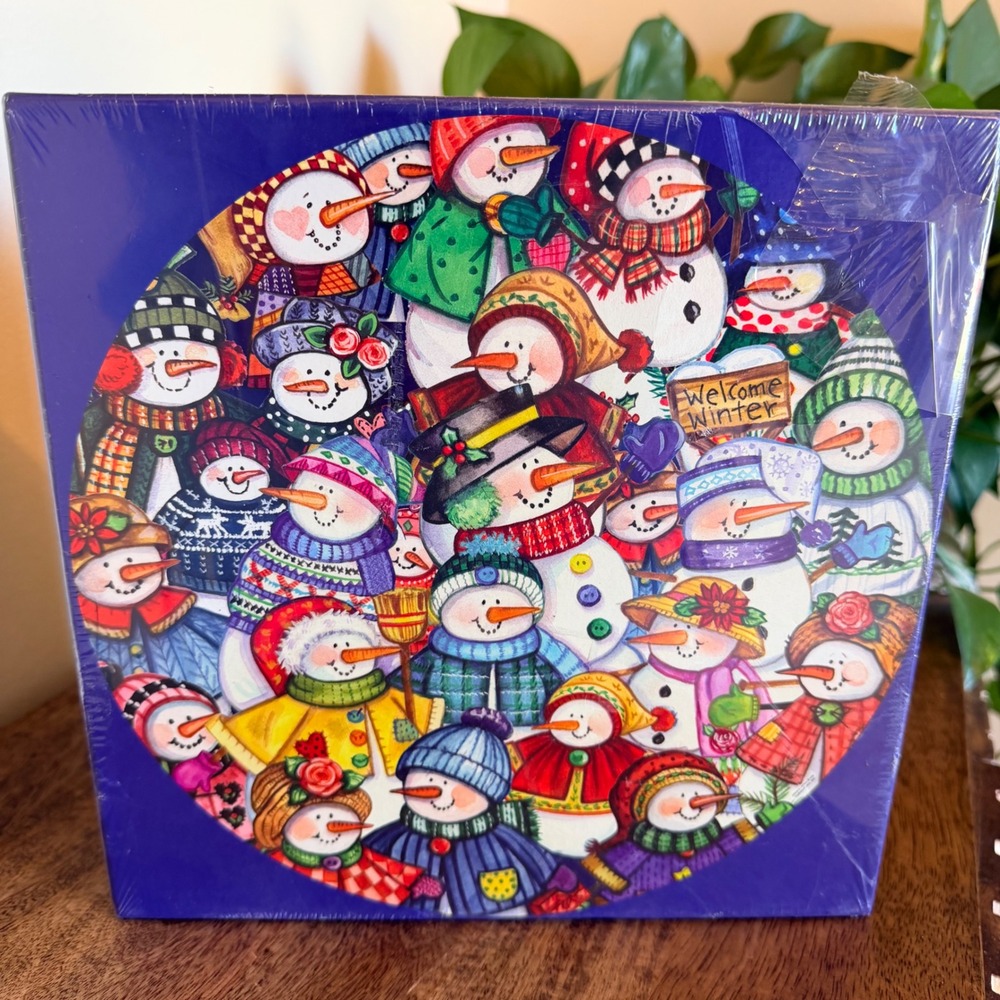 Current Snow Happy Round Puzzle 1000 Pc Multicolor Winter Snowman Folk Art NEW